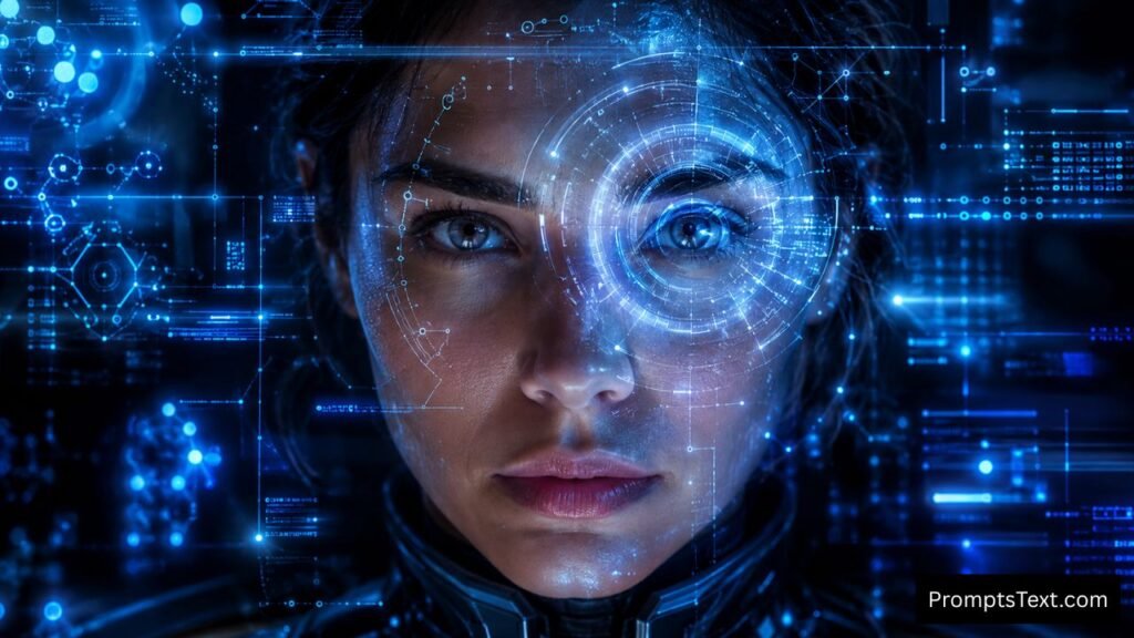 AI Prompt for Neon Blue Cybernetic AI Woman Face